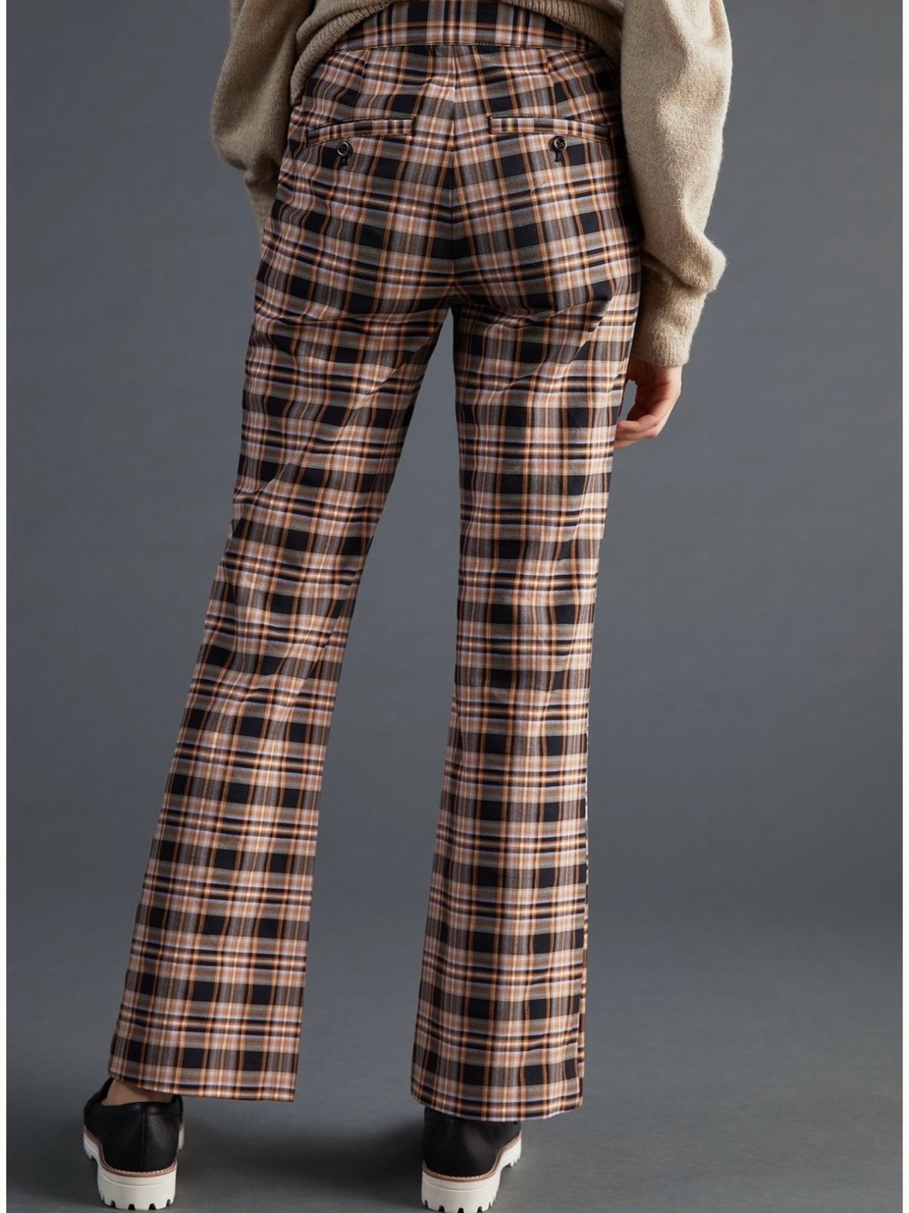Maeve Anthropologie Flared Plaid Pants Black Tan Petite Retro Trousers